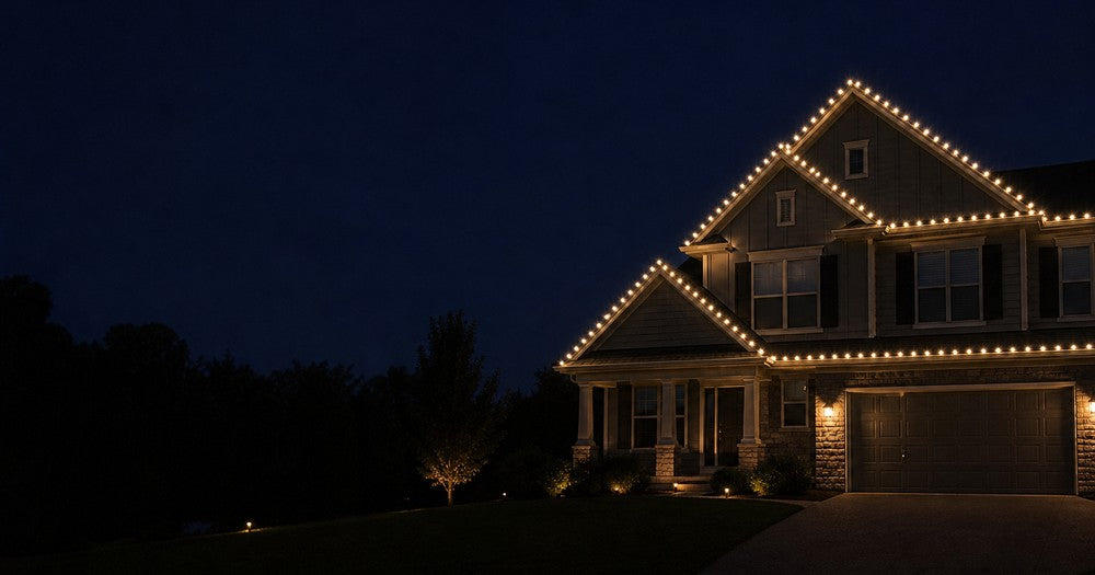 Two-story home with gable and roofline holiday lighting
